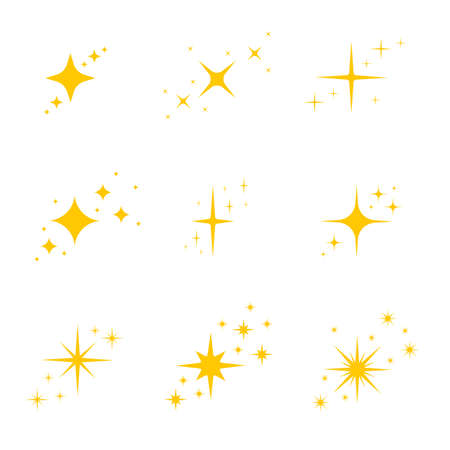 Gold, yellow stars twinkles and sparkles icons. Bright flash, dazzle light, shining glow effects set. Vector illustration.のイラスト素材
