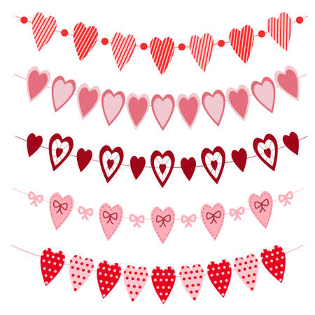 Set of vintage hearts bunting. Garlands with heart shaped flags for Valentine day party, wedding, romantic date. Decorations for banners, greeting cards and invitations. Vector illustration.のイラスト素材