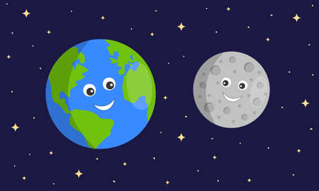Cute Earth and Moon characters on dark sace starry background. Astronomy for kids. Vector cartoon illustration.のイラスト素材