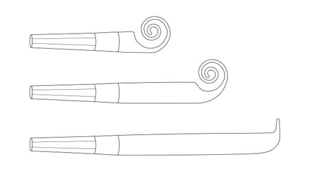 Outline party blowers, horns, noise makers, sound whistles isolated on white. Rolled and unrolled objects, side view. Cartoon illustration.のイラスト素材