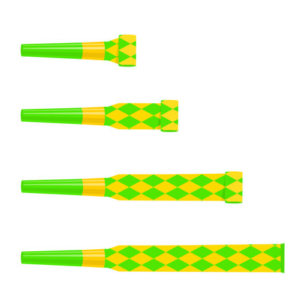 Colorful party blowers, squeakers, noisemakers, whistles isolated on white background. Top view. Celebration, fun time, birthday accessories for guests. Vector cartoon illustration.のイラスト素材