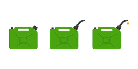 Set of gas cans, gasoline canisters with cap, spout and pouring petrol drop. Petrol containers isolated on white background. Vector cartoon illustration.のイラスト素材