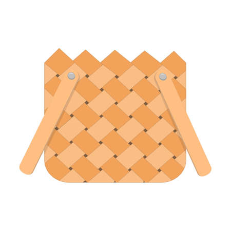 Wicker picnic basket. Woven willow hamper for food with two handles isolated on white background. Vector flat cartoon illustration.のイラスト素材