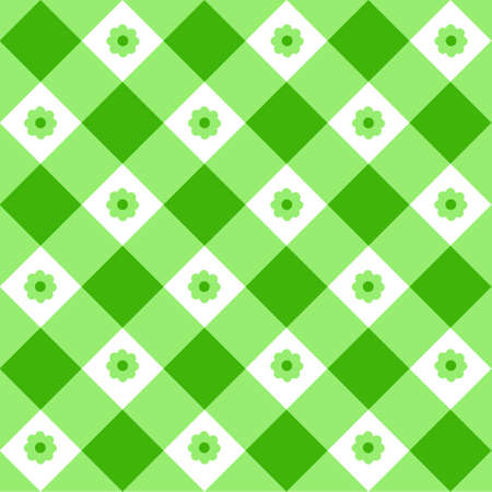 Green and white gingham seamless pattern with flowers. Checkered texture for picnic blanket, tablecloth, plaid, clothes. Springtime geometric background, Easter textile design. Vector illustration.のイラスト素材