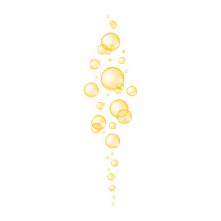 Golden glossy bubbles streaming. Collagen, serum, jojoba cosmetic oil, vitamin A or E, omega fatty acids balls. Vector realistic illustration.のイラスト素材