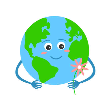 Cute Earth planet character holding flower isolated on white background. Earth Day, take care for the environment concept. Vector flat illustration.のイラスト素材
