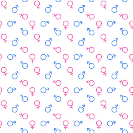 Gender seamless pattern. Male and female sex symbols, Mars and Venus signs. Print for gender reveal party, baby shower, boy or girl concept. Vector flat illustration.のイラスト素材