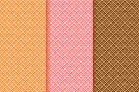 Ice cream waffle cone textures set. Seamless patterns with different wafer backgrounds, vanilla, strawberry, chocolate. Vector flat cartoon illustration.のイラスト素材