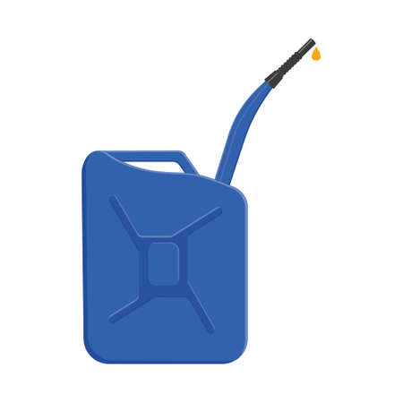Fuel jerrycan with spout and pouring petrol drop. Blue gasoline canister isolated on white background. Vector cartoon illustration.のイラスト素材