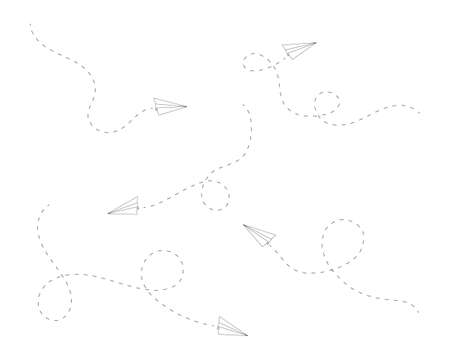 Set of flying origami paper planes with dashed lines of paths. Airplanes as symbol of delivery, communication, travel, imagination, creativity, dreaming. Vector outline illustration.のイラスト素材
