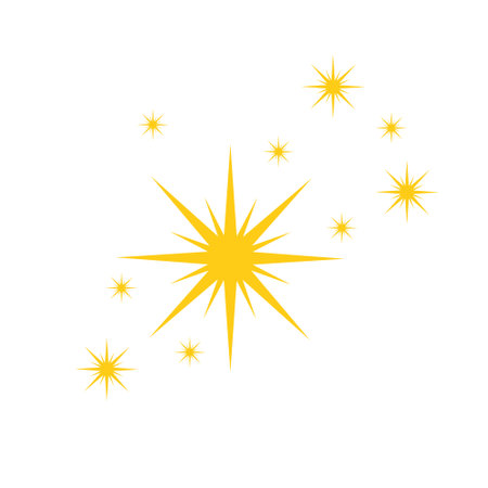 Gold stars twinkles and sparkles icon isolated on white background. Bright flash, dazzle light, shining glow effect. Vector flat illustration.のイラスト素材