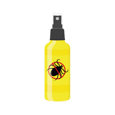Mite spray icon isolated on white background. Repellent insect bottle with forbidden anti tick sign. Lyme disease prevention. Vector cartoon illustration.のイラスト素材