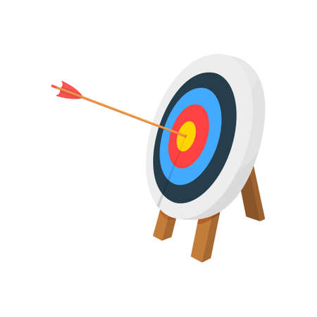 Archery target ring with arrow hitting bullseye. Dartboard on tripod. Goal achieving idea. Business success strategy symbol. Efficiency and accuracy concept. Vector cartoon illustration.のイラスト素材