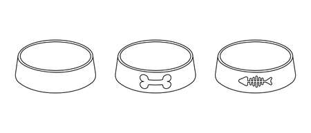 Empty pet food bowls outline icons. Dog and cat plastic or metal plates isolated on white background. Editable stroke. Vector illustration in linear style.のイラスト素材