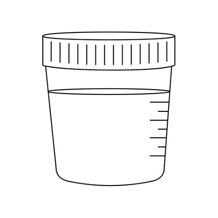 Urinalysis outline icon. Urine sample in plastic container. Laboratory examination and diagnostics concept. Editable stroke. Vector illustration in linear style.のイラスト素材