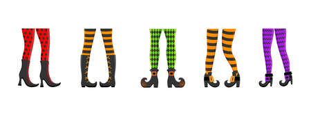 Different woman witch legs in stockings and shoes isolated on white background. Design elements for Halloween party, greeting or invitation card. Vector cartoon illustration.のイラスト素材