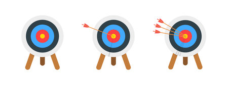 Archery target ring with and without arrows hitting bullseye. Dartboard on tripod isolated on white background. Goal achieving concept. Business success strategy symbol. Vector cartoon illustration.のイラスト素材