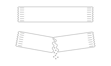 Outline sachets with sugar, salt or pepper. Whole and poured packets with soluble culinary powder. Editable stroke. Thin line icons. Vector linear illustration.のイラスト素材