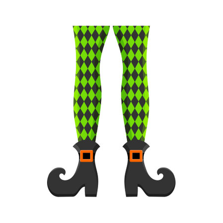 Bizarre witch or leprechaun legs in stockings with rhombus pattern and boots with buckles isolated on white background. Costume element for Halloween or St Patrick day. Vector cartoon illustration.のイラスト素材