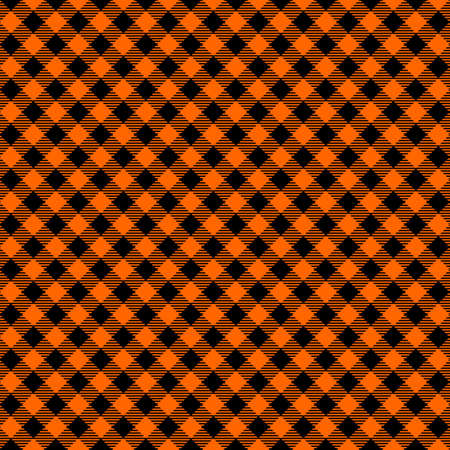 Halloween or Thanksgiving day seamless pattern. Diagonal black and orange striped gingham plaid texture. Checkered background for fall picnic blanket or tablecloth. Top view. Vector flat illustrationのイラスト素材