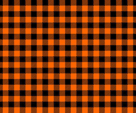 Halloween or Thanksgiving day seamless pattern. Black and orange gingham plaid texture with whole and striped squares. Checkered background for fall blanket or tablecloth. Vector flat illustration.のイラスト素材