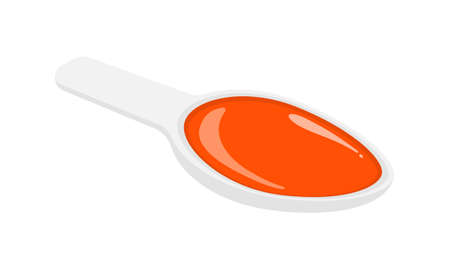 Spoon with poured doze of cough syrup isolated on white background. Liquid medicine for sore throat, cold, flu and other respiratory tract infection. Vector cartoon illustration.のイラスト素材