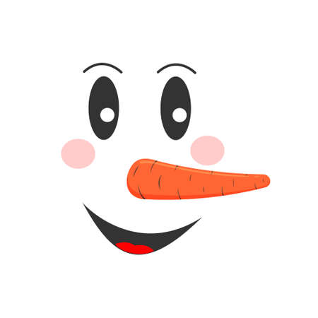 Smiling snowman face with happy emotion. Funny snowman head with carrot nose. Winter holidays character. Vector cartoon illustration.のイラスト素材