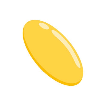 Yellow oval capsule of fish oil, collagen, vitamin A or E, omega fatty acid. Food supplement for health and beauty. Vector cartoon illustration.のイラスト素材
