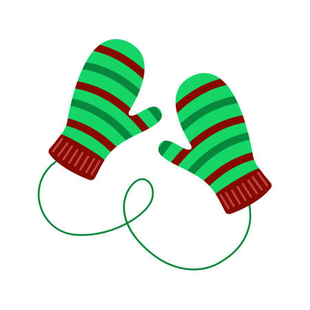 Cozy pair of knitted children mittens with striped pattern. Woolen winter gloves isolated on the white background. Vector flat illustration.のイラスト素材