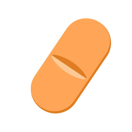 Orange caplet isolated on white background. Capsule shaped medicinal tablet. Medical therapy concept. Vector cartoon illustration.のイラスト素材