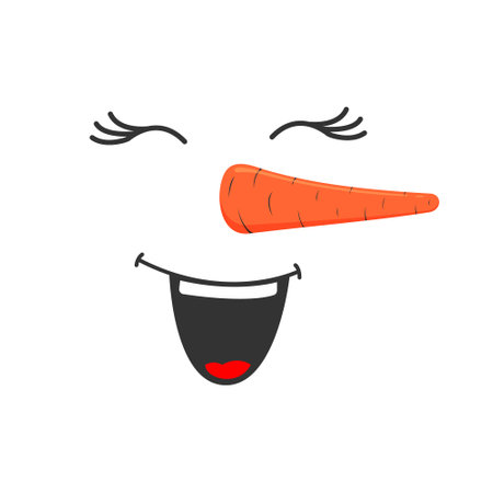 Laughing snowman face isolated on white background. Funny snow man head with closed eyes, open ha ha mouth and carrot nose. Winter holidays design. Vector cartoon illustration.のイラスト素材