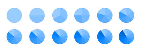 Circles divided in monochrome blue segments from 1 to 12 isolated on white background. Pie chart for statistics infographic examples. Round shapes cut in equal slices. Vector flat illustration.のイラスト素材