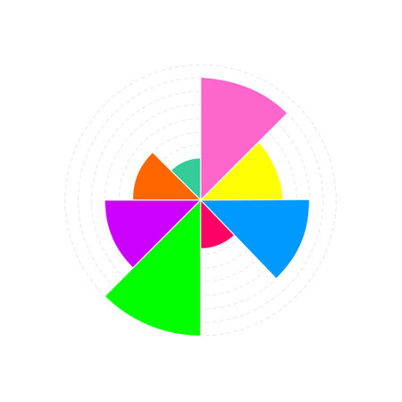 Circle chart example. Wheel diagram with 8 colorful segments of different volumes. Financial data visualization template. Statistical infographic design layout. Vector illustration.のイラスト素材