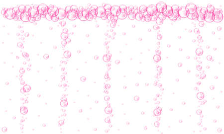 Pink bubbles stream. Fizzy carbonated drink texture. Cherry or strawberry seltzer, beer, soda, cola, lemonade, champagne, sparkling wine. Vector realistic illustration.のイラスト素材