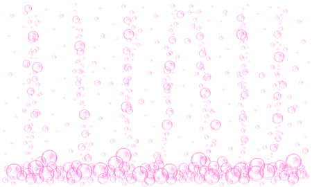 Pink oxygen bubbles stream. Fizzy carbonated water texture. Cherry or strawberry drink, seltzer, beer, soda, cola, lemonade, champagne, sparkling wine. Vector realistic illustration.のイラスト素材