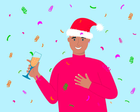 Young man in Santa hat holding glass with champagne and giving toast. Afroamerican smiling guy celebrating Christmas, New Year. Vector flat illustration.のイラスト素材