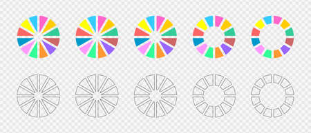 Donut charts set. Infographic wheels divided in 12 multicolored and graphic sections. Circle diagrams or loading bars. Round shapes cut in twelve equal parts. Vector flat and outline illustration.のイラスト素材