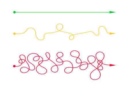 Straight and curved chaotic lines from start to finish points. Expectation and reality, easy and hard way concept. Different plans or life scenario symbols. Simple vector flat illustration.のイラスト素材