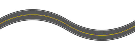 Empty winding asphalt road with marking. Horizontal aerial view. Seamless highway template. Element of street roadway isolated on white background. Vector flat illustration.のイラスト素材