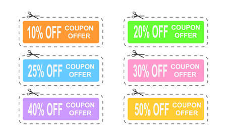 Discount coupons with different percentage offers. Set of coupons with dotted cut line and scissors icon isolated on white background. Vector flat illustration.のイラスト素材