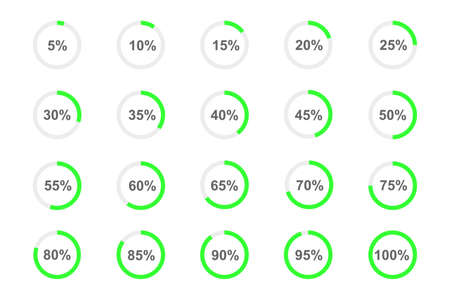 Round loading bars with percentage numbers divided on segments from 1 to 20. Progress, waiting or download symbols set. Infographic animation elements for website interface. Vector flat illustration.のイラスト素材