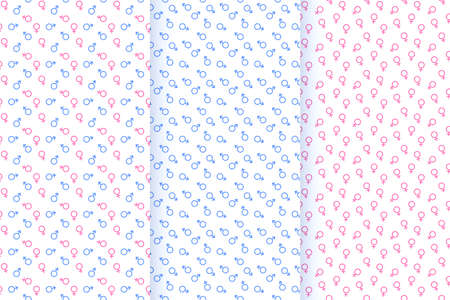 Gender seamless patterns set. Male and female sex symbols. Mars and Venus signs. Print for gender reveal party, baby shower, boy or girl concept. Vector flat illustrationのイラスト素材