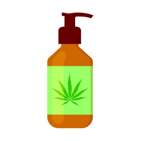 CBD oil lotion with cannabis leaf on label. Hemp cosmetic product for skin or hair in bottle isolated on white background. Cannabidiol for woman beauty care. Vector cartoon illustrationのイラスト素材