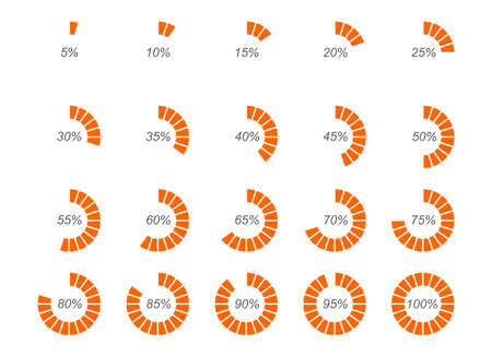 Round orange loading bars with percentage numbers divided on segments from 1 to 20. Progress, waiting or downloading symbols set. Infographic elements for website interface. Vector flat illustration.のイラスト素材