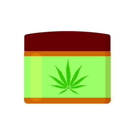 CBD oil cream with cannabis leaf on label. Hemp cosmetic product for skin in bottle isolated on white background. Cannabidiol for beauty care. Vector cartoon illustrationのイラスト素材