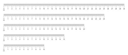 Scale of ruler with numbers set. Horizontal measuring chart with 30, 25, 20, 25, 10 centimeters...