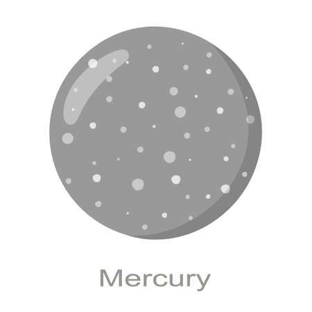 Mercury planet icon with name isolated on white background. Smallest planet in Solar system. True color. Universe element. Kids planetary. Vector cartoon illustration.のイラスト素材