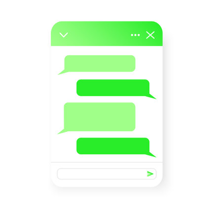 Chat bot screen template. Life chat window with message bubbles isolated on transparent background. Virtual assistant, online customer support conversation. Mobile messenger app form design.のイラスト素材