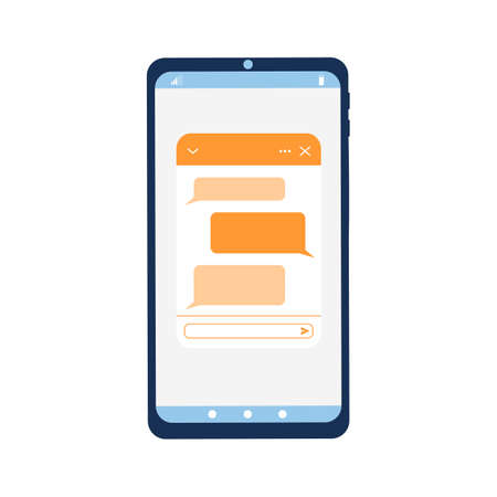 Smartphone interface whit pop up chat bot window. Lifechat form with message bubbles on phone screen. Virtual assistant, mobile messenger app, online customer support concept. Vector flat illustrationのイラスト素材