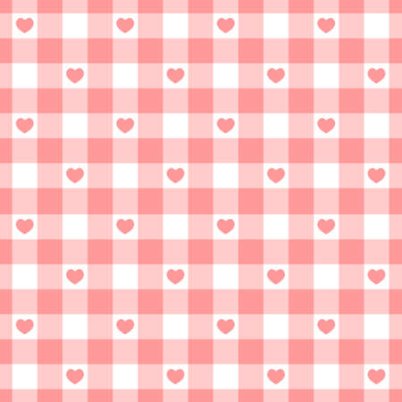 Pink and white gingham seamless pattern with hearts. Checkered Valentine day texture for picnic blanket, tablecloth, plaid. Fabric background, retro vichy design. Vector illustrationのイラスト素材